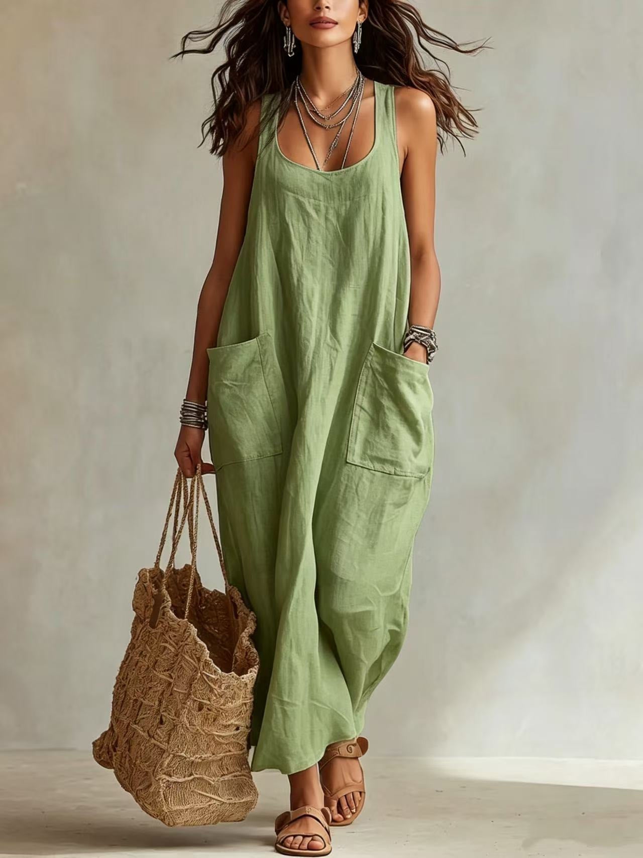Women's Summer Elegant Casual With Big Pockets Strap Dress