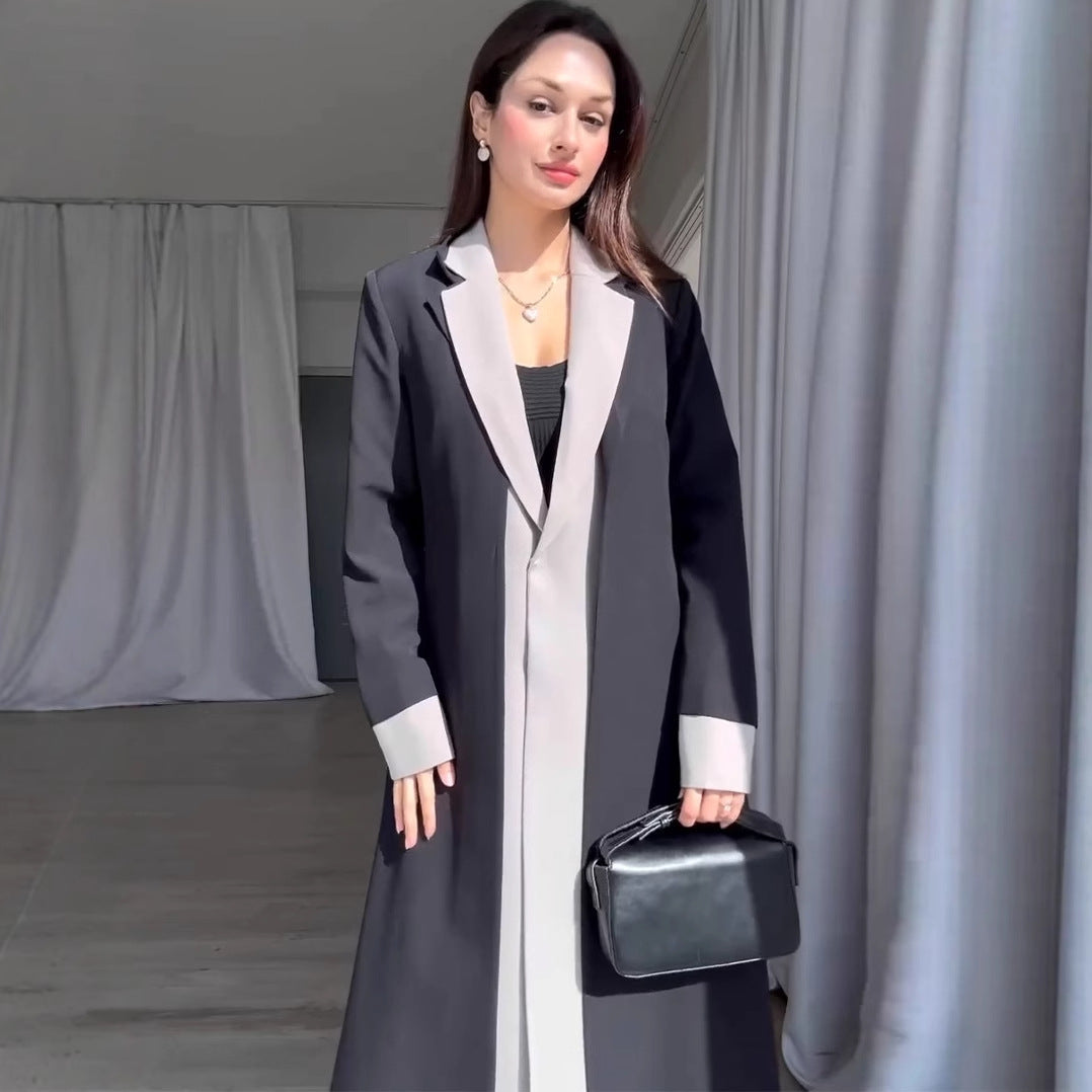 Women's Long Collar Stitching Contrast Color Trench Coats