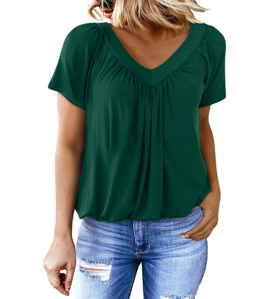 Women's Casual Pleated Solid Color Short-sleeved T-shirt Blouses
