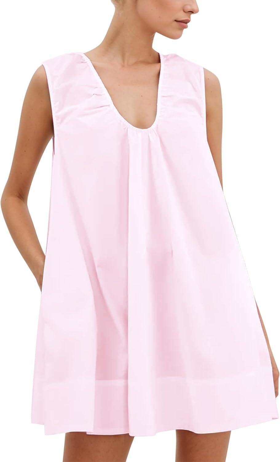 Fashionable Commuter Pleated Loose A- Line Sleeveless Solid Color Dress