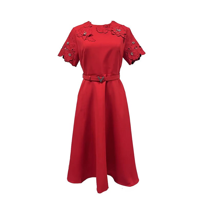 Elegant Retro Style Summer Round Neck Three-dimensional Flower Stitching Dresses