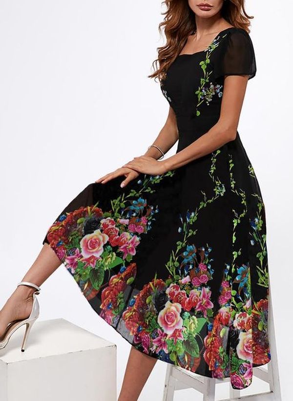 Women's Square Collar Sleeve Positioning Printed Dress Dresses