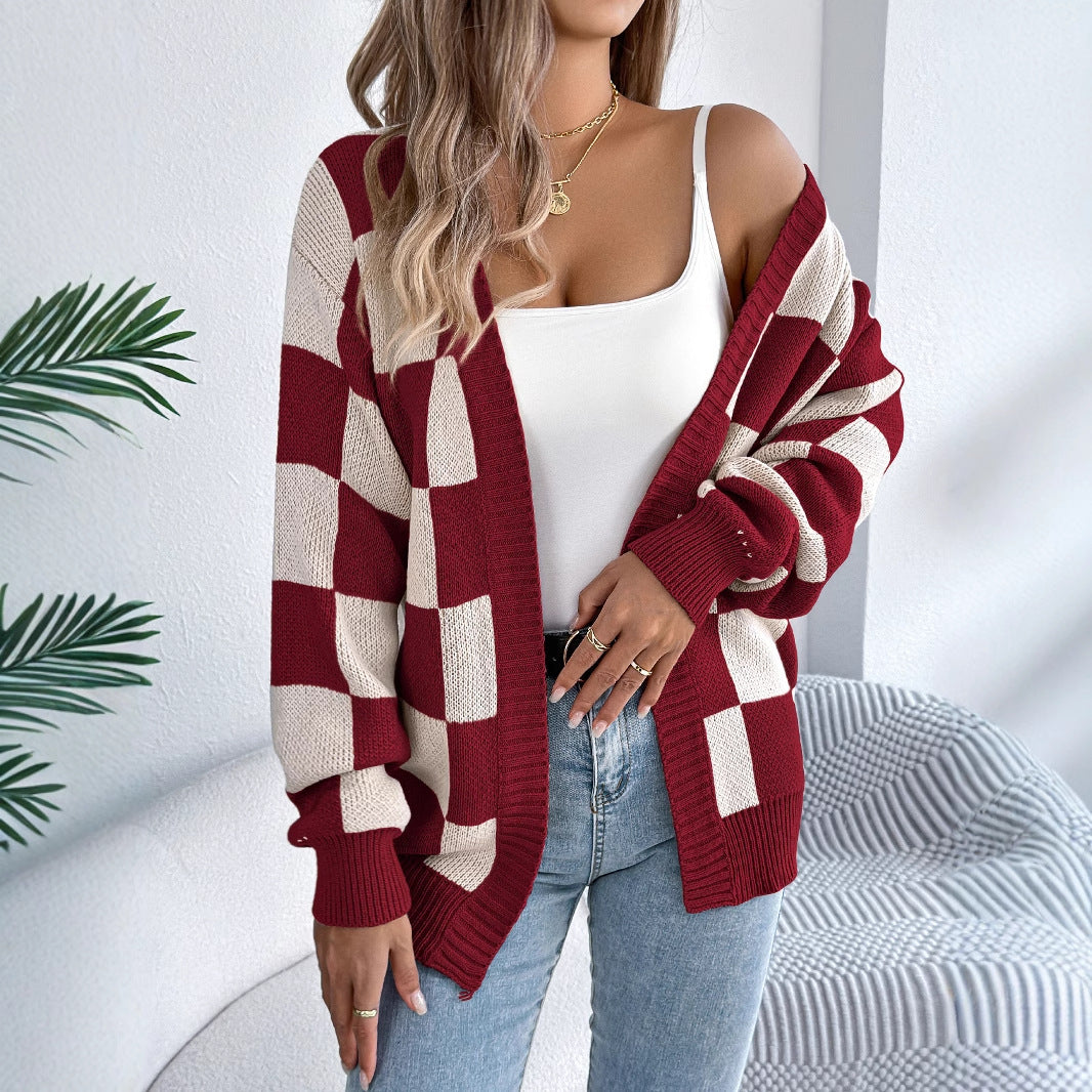 Versatile Women's Check Lantern Sleeve Mid-length Sweaters