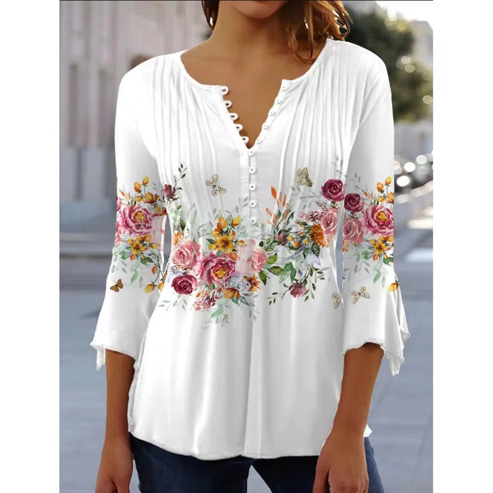 Women's Digital Printing Button T-shirt Flared Sleeves Clothing