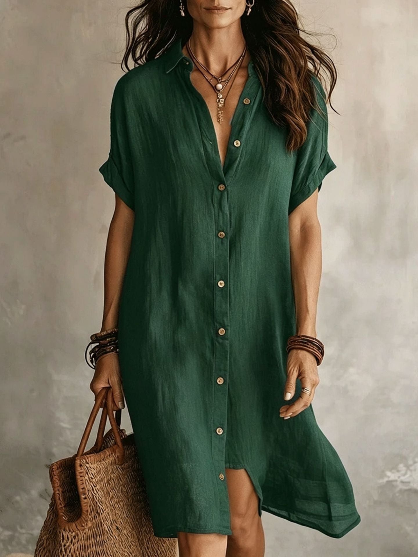 Cotton Linen Shirt Fashion Casual Short-sleeved Dress