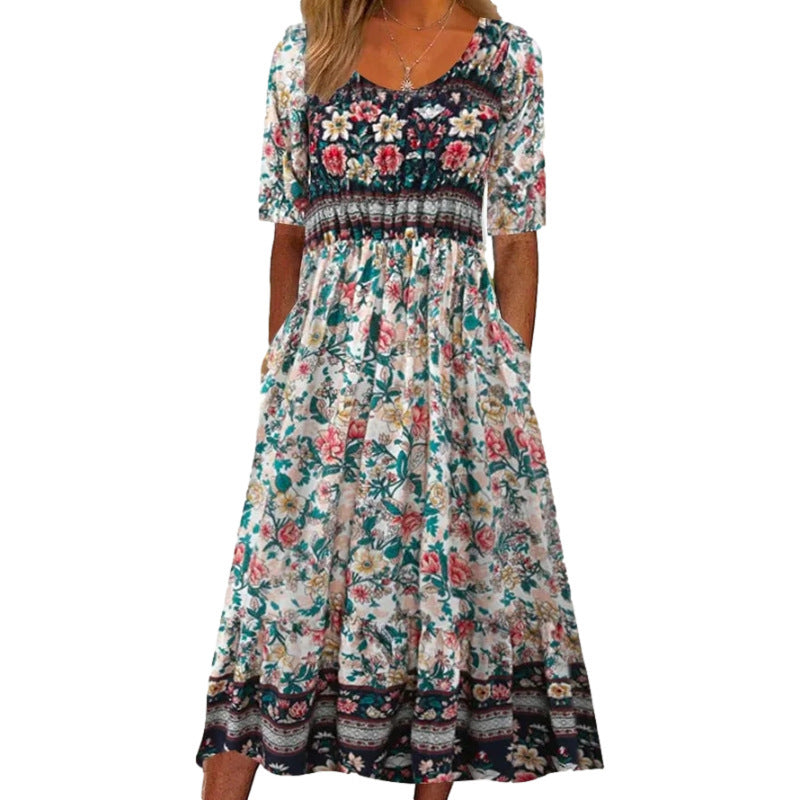 Women's Summer Round Neck Sleeve Bohemian Print Shorts