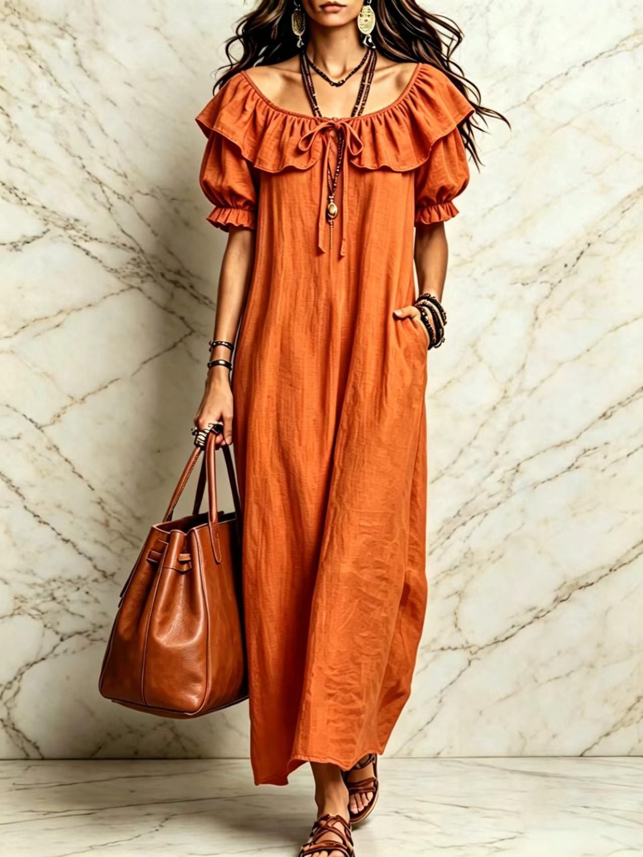 Loose Round Neck Ruffled Leisure Temperament Seaside Dress