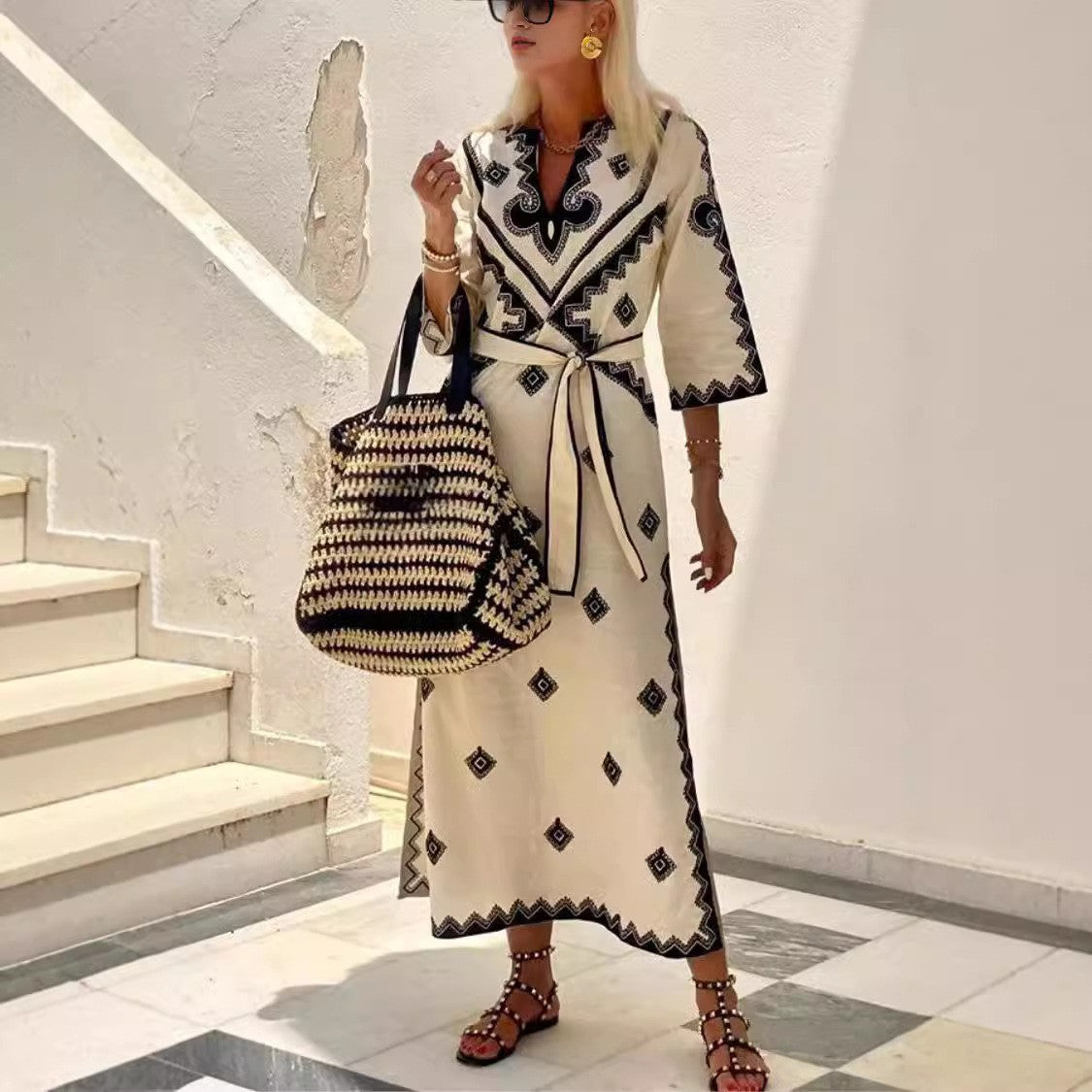Women's Printed Belt Linen Bohemian Dress Dresses