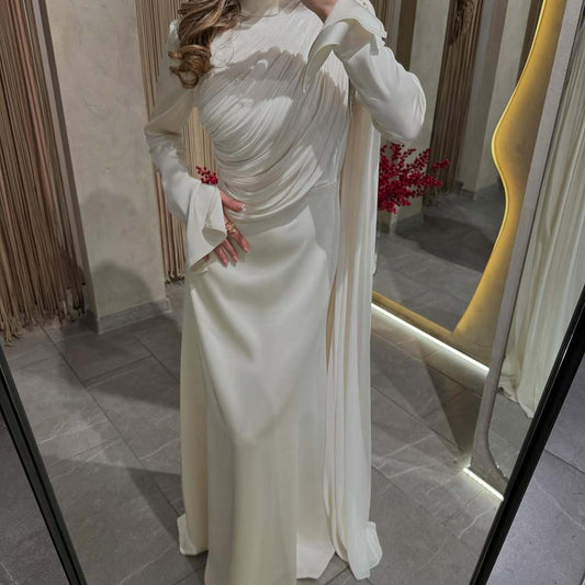 Women's Pleated Irregular White Long Sleeve Slim Dresses