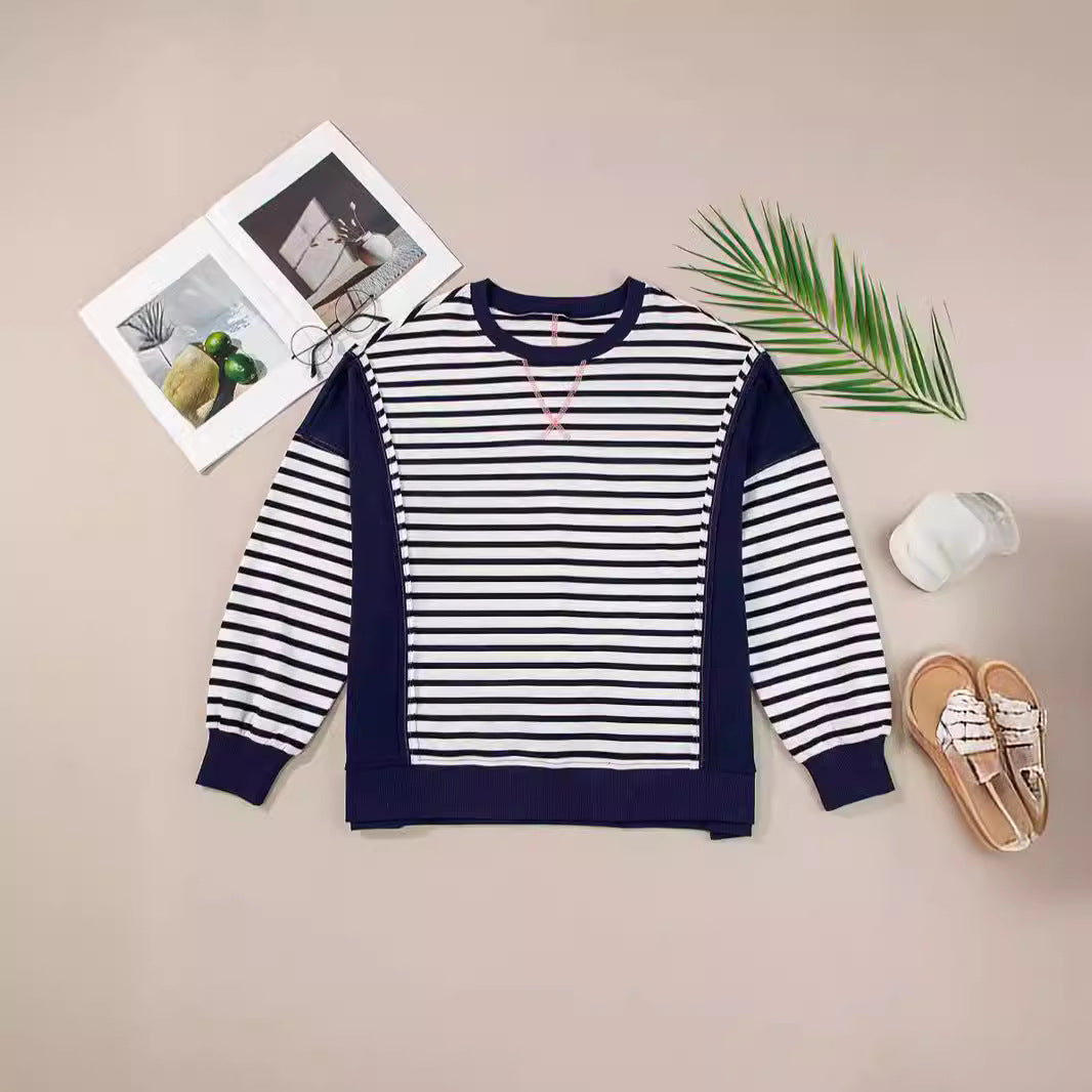 Women's Striped Contrast Color Long Sleeves T-shirt Blouses