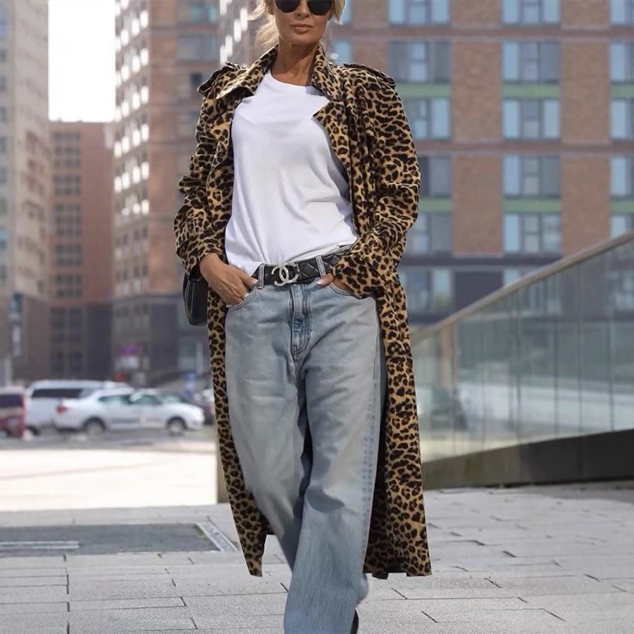 Women's Print Lapel Windbreaker Loose Casual Long Coats