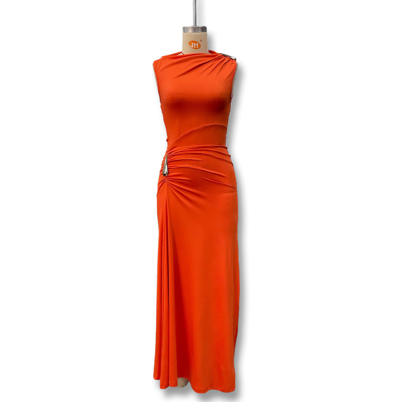 Women's Fashion Solid Color Round Neck Metal Decorative Twist Sleeveless Slim Dress