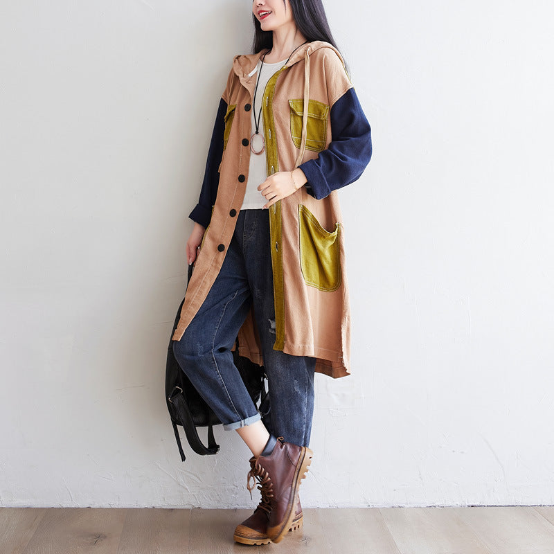 Personality Mid-length Hooded Loose Large Contrast Coats