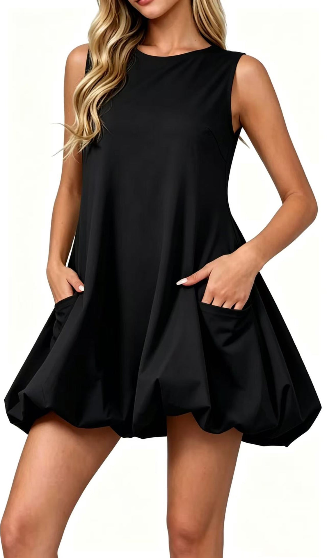 Summer Solid Color Sleeveless Bud Puff Elegant Beach Dress