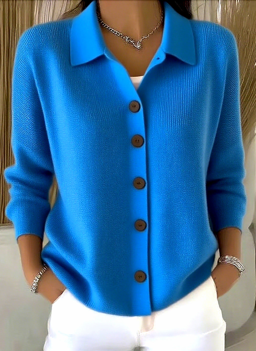 Women's Button Knitted Lapel Solid Color Casual Fashion Sweater