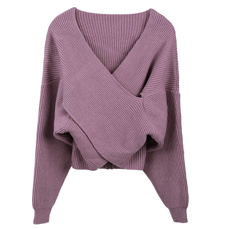 Solid Color Sexy Cross Cropped Long-sleeved Knitted Sweater