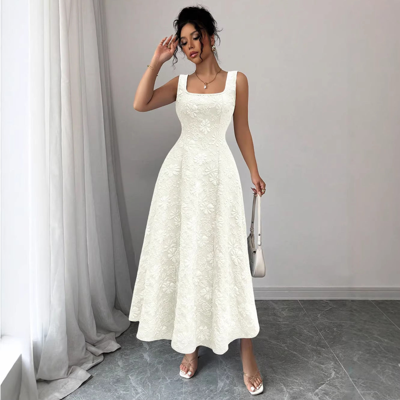 Summer Elegant Simple Jacquard Square Collar Clothing