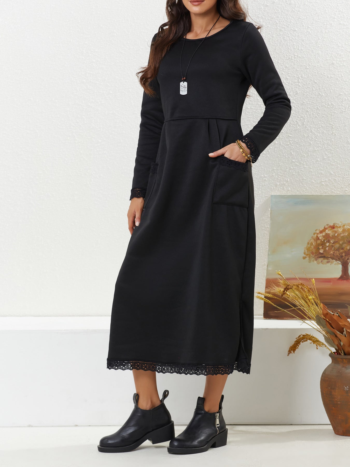 Autumn Loose Oversized Knit Lace Brushed Hoody Dress