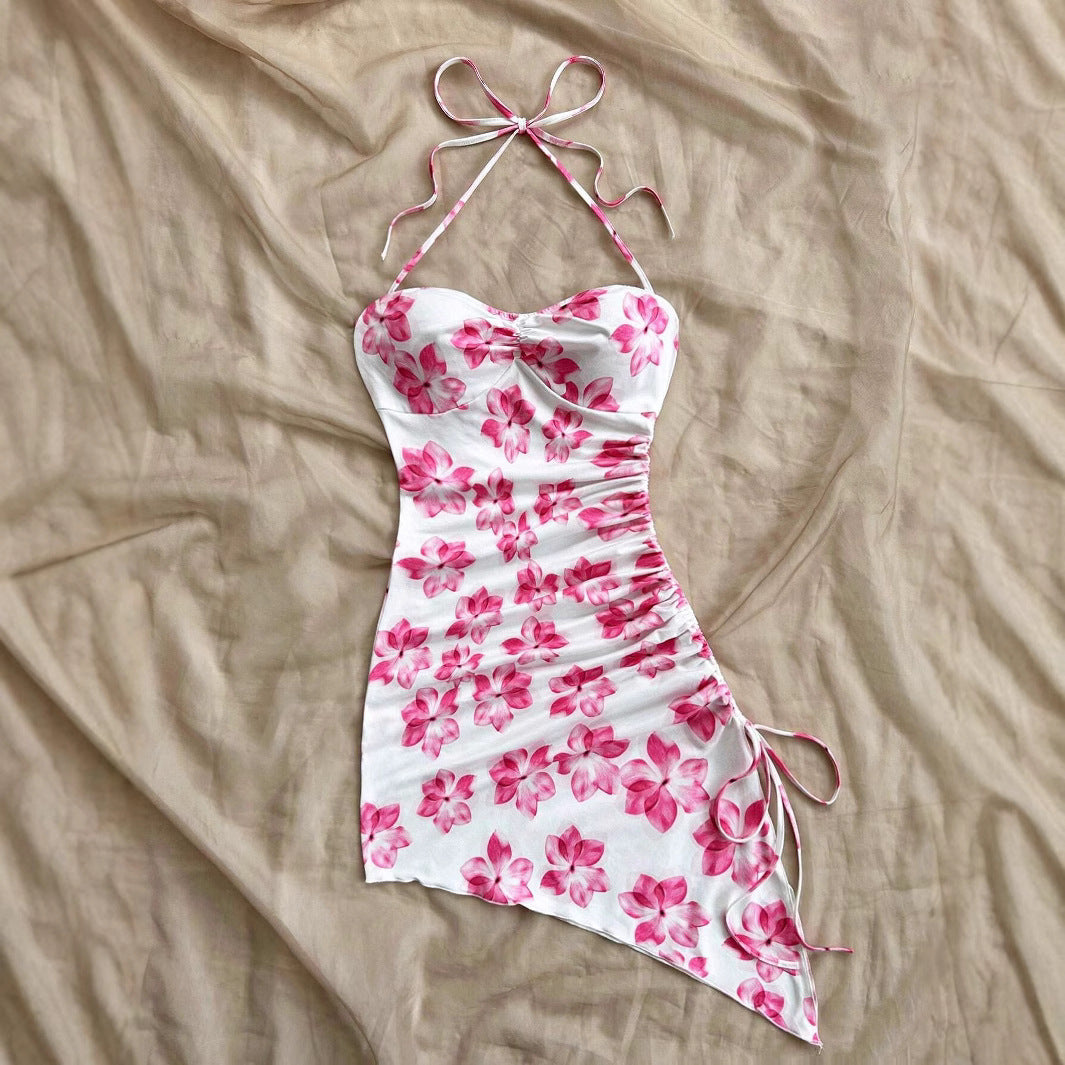 Women's Sexy Sling Summer Floral Print Asymmetric Hem Vacation Style Dress