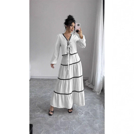 Women's Lace Layered Pleated Lantern Sleeve Bow Suits