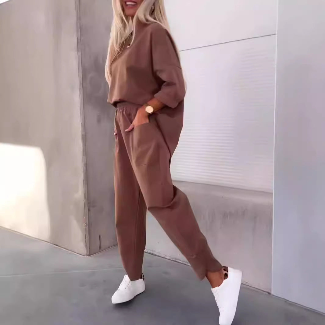 Women's Autumn Loose Two-piece Solid Color Round Neck Cropped Fashion Casual Suit