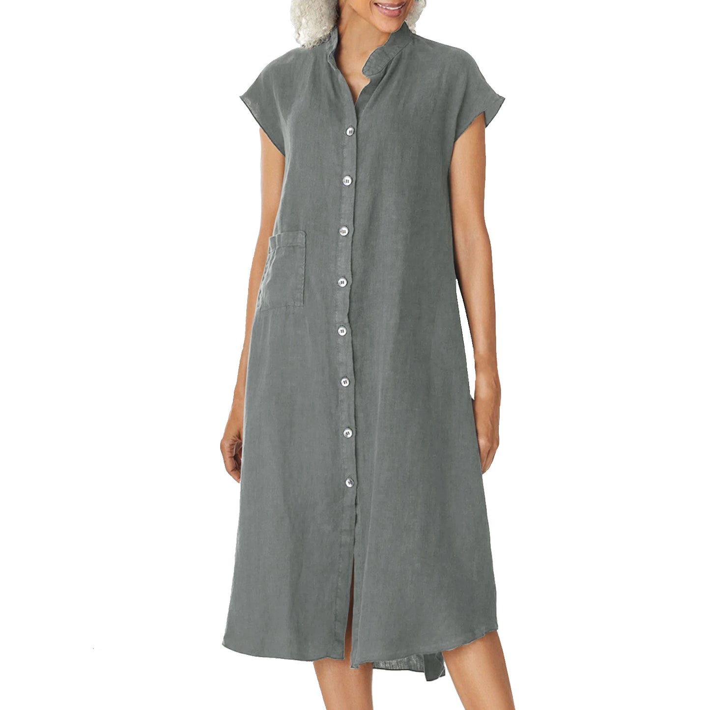Women's Single-breasted Cotton Small Stand Collar Pocket Dress