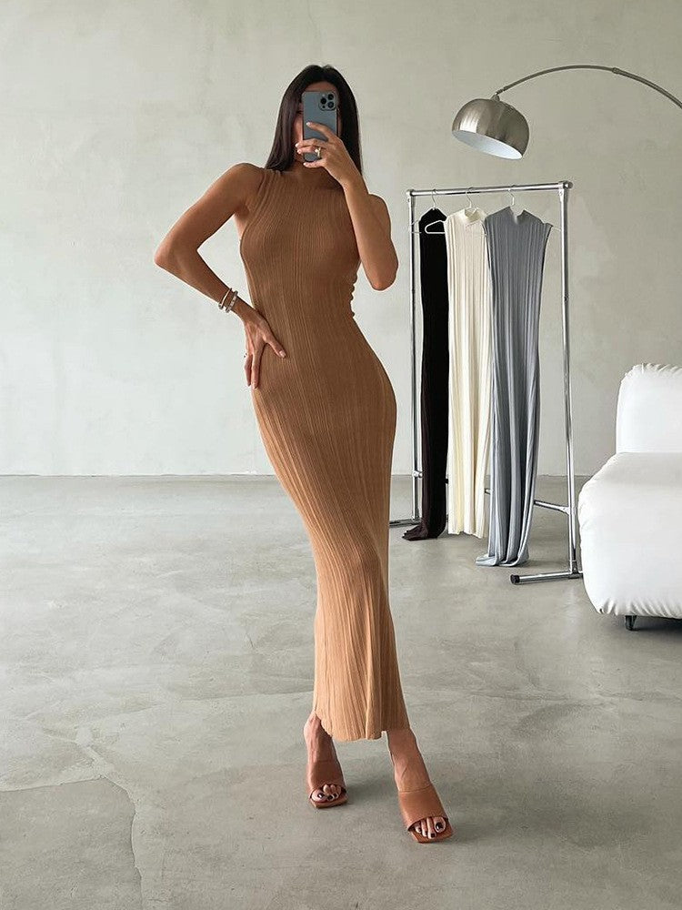 Knitted Turtleneck Sleeveless Tight Midi Dress Dresses