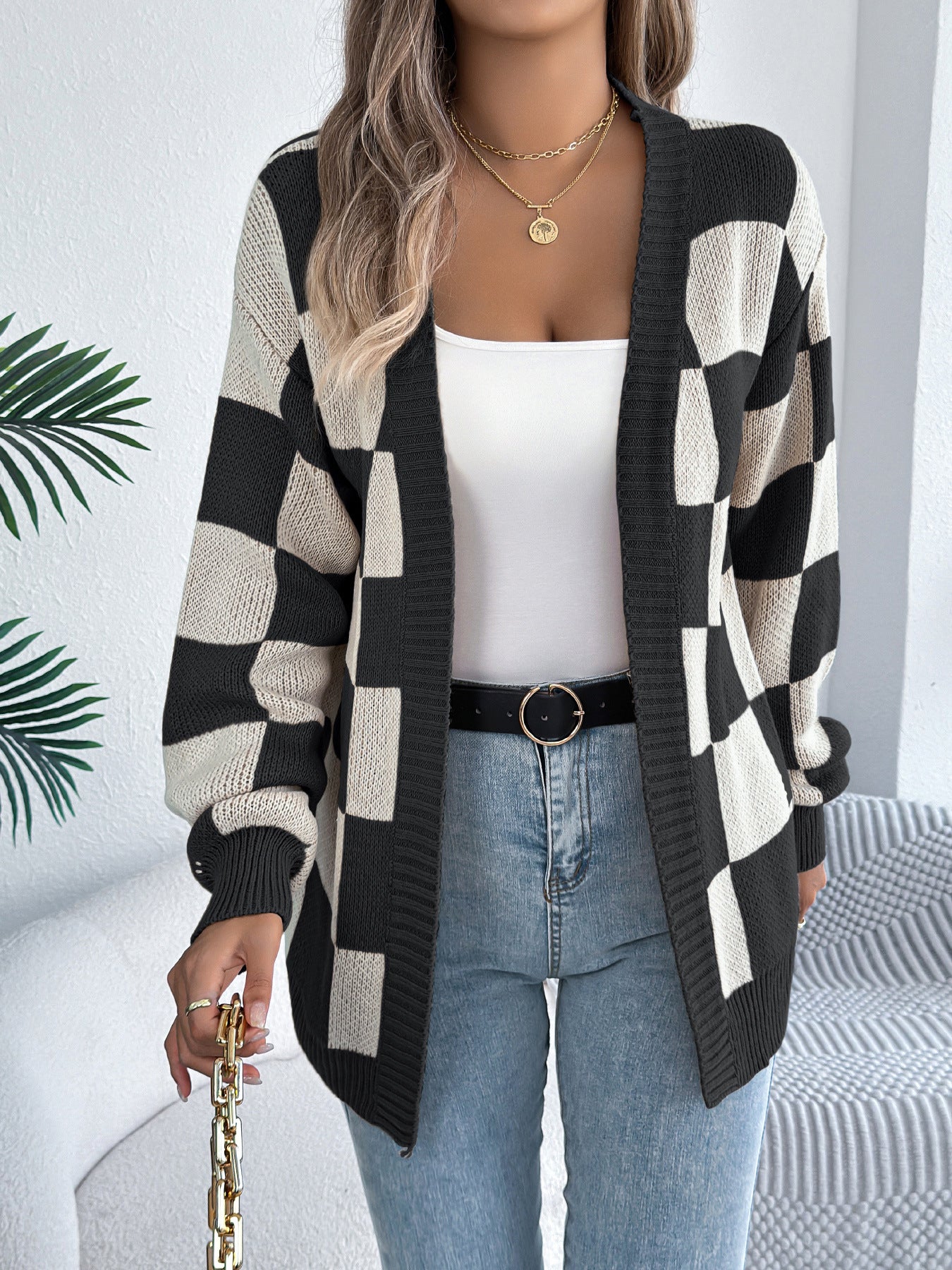 Versatile Women's Check Lantern Sleeve Mid-length Sweaters