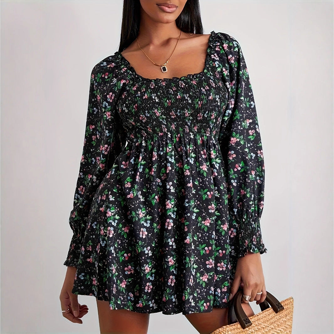 Women's Retro Lantern Long Sleeve Smocking Waist Trimming Dress