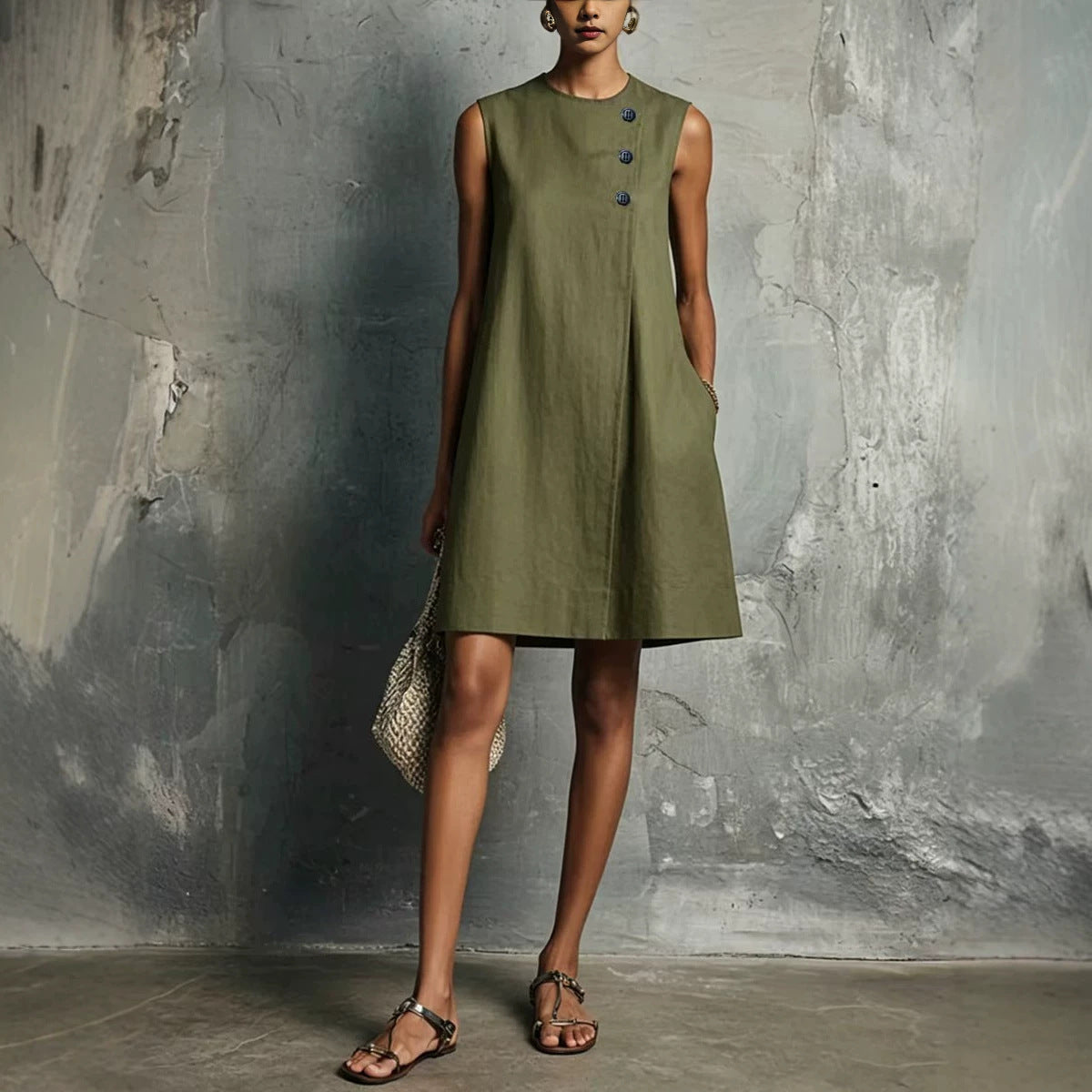 Women's Blended Round Neck Asymmetric Button Side Dress