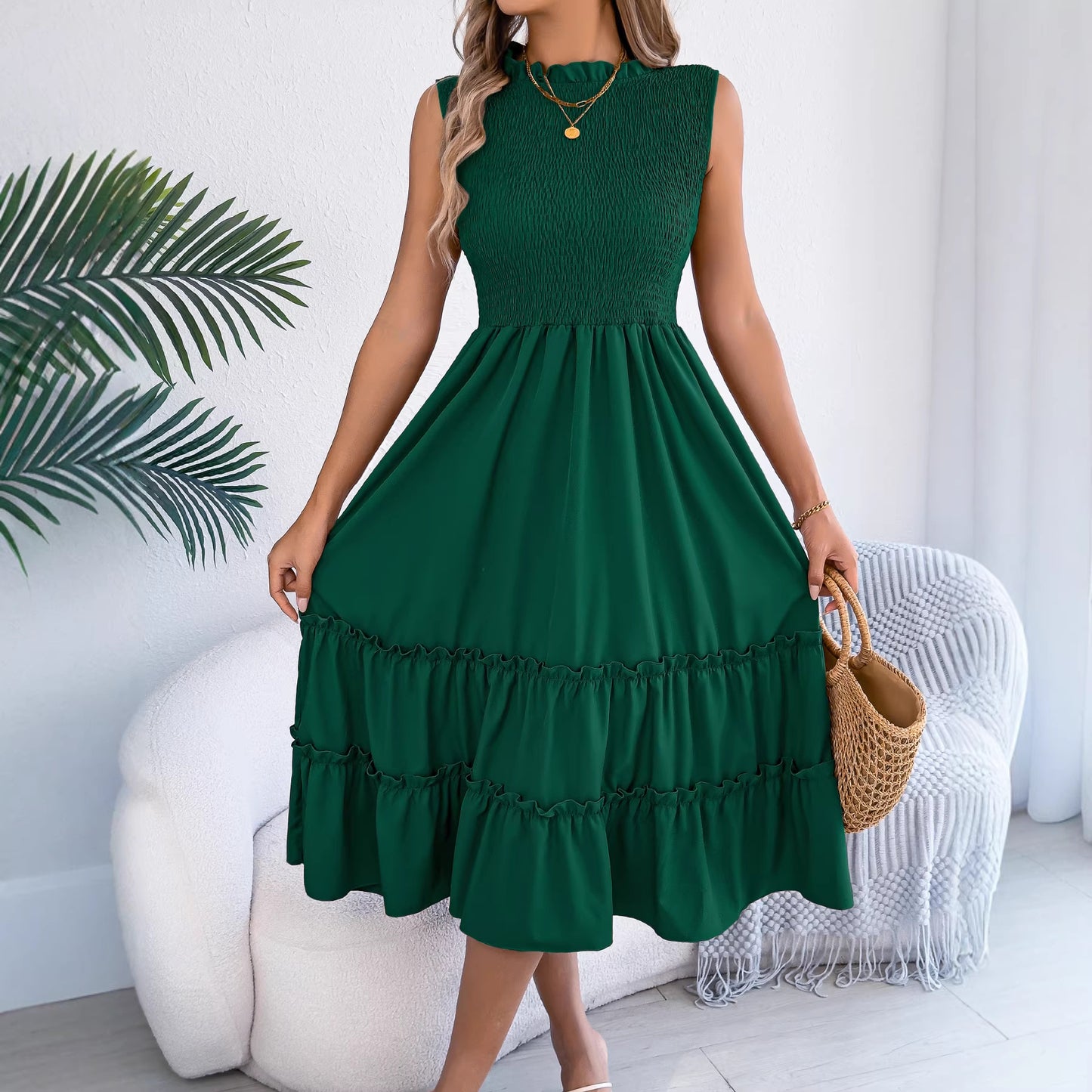 Women's Casual Sleeveless Smocking Wooden Ear Large Clothing