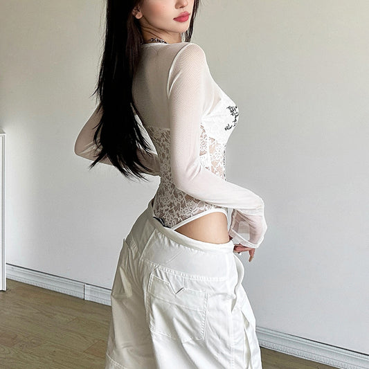 Women's Autumn Fashion Sexy Personalized Text Lace Jumpsuits