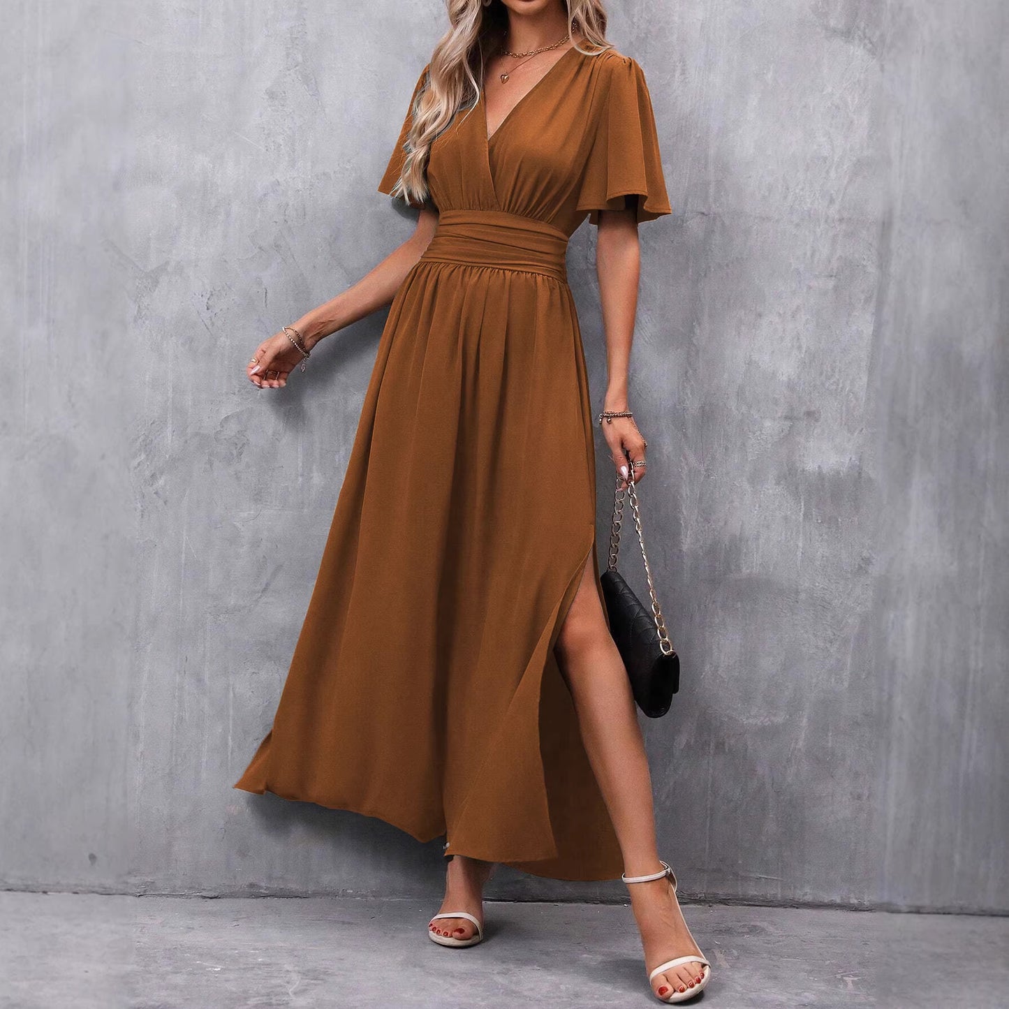 Women's Flying Sleeves Back Waist Smocking High Slit Dress