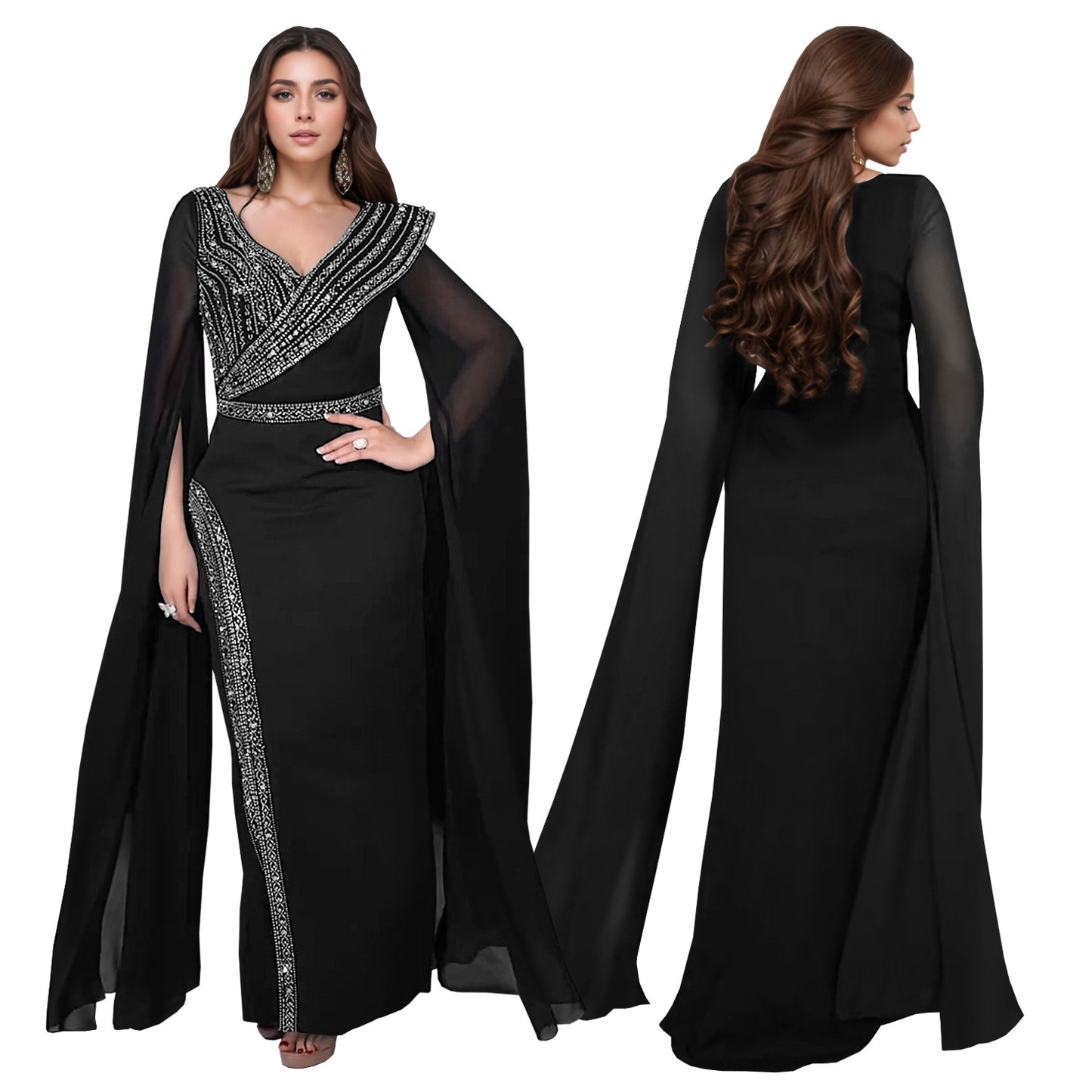Women's Fashion Wear Elegant Rhinestone Long-sleeved Dress Dresses