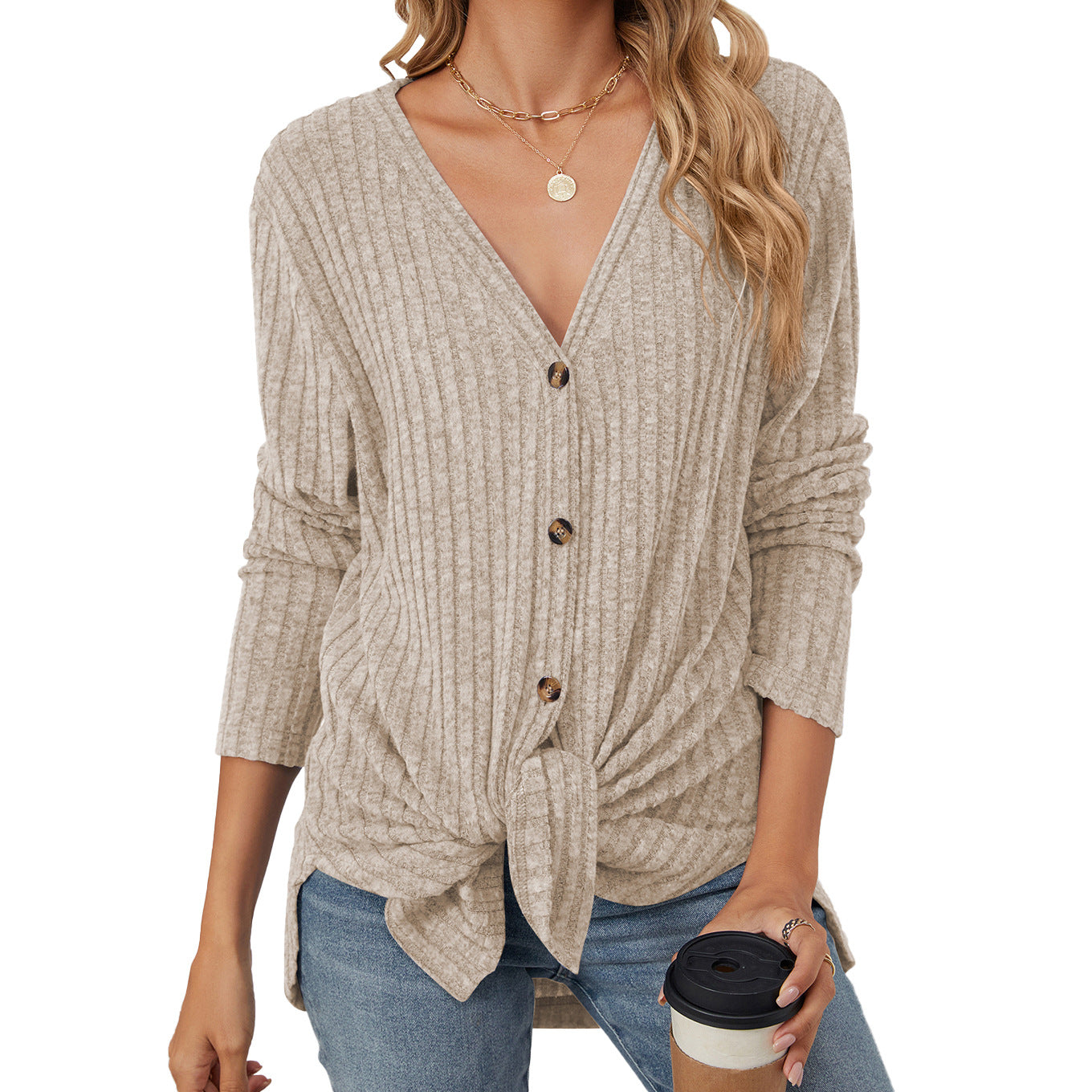 Women's Solid Color Long Sleeve Button Knitted Emerized Women's Sweater