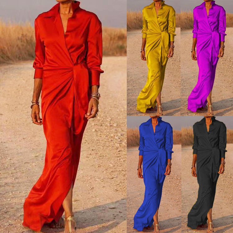 Women's Lace Up High Waist Slit Mop Long Sleeve Dress