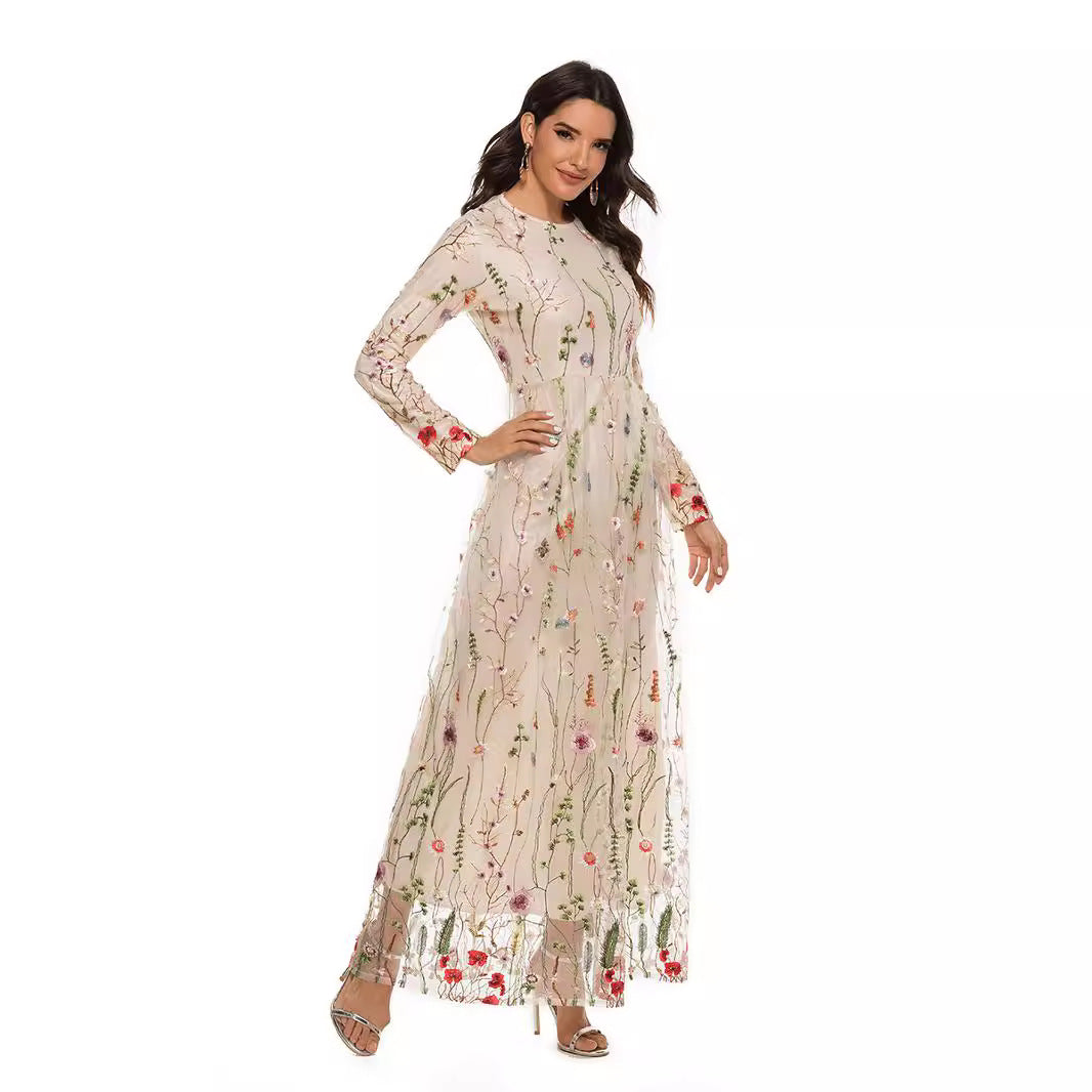 Embroidered Sweet Flowers Lace Long Fresh Dress