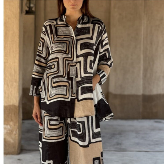 Women's Fashion Cotton Linen Printed Long Sleeve Suits