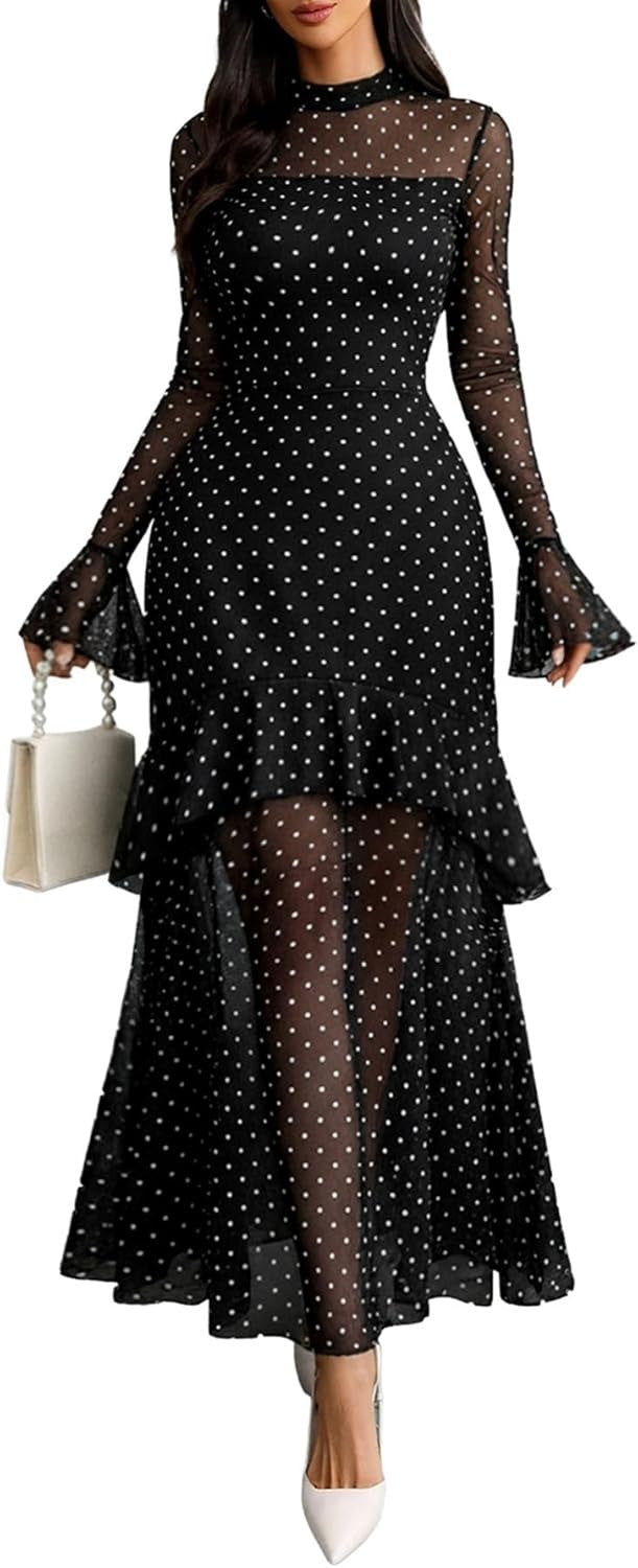 Women's Printed Black Ruffle Sleeve Plant Floral Print Dress