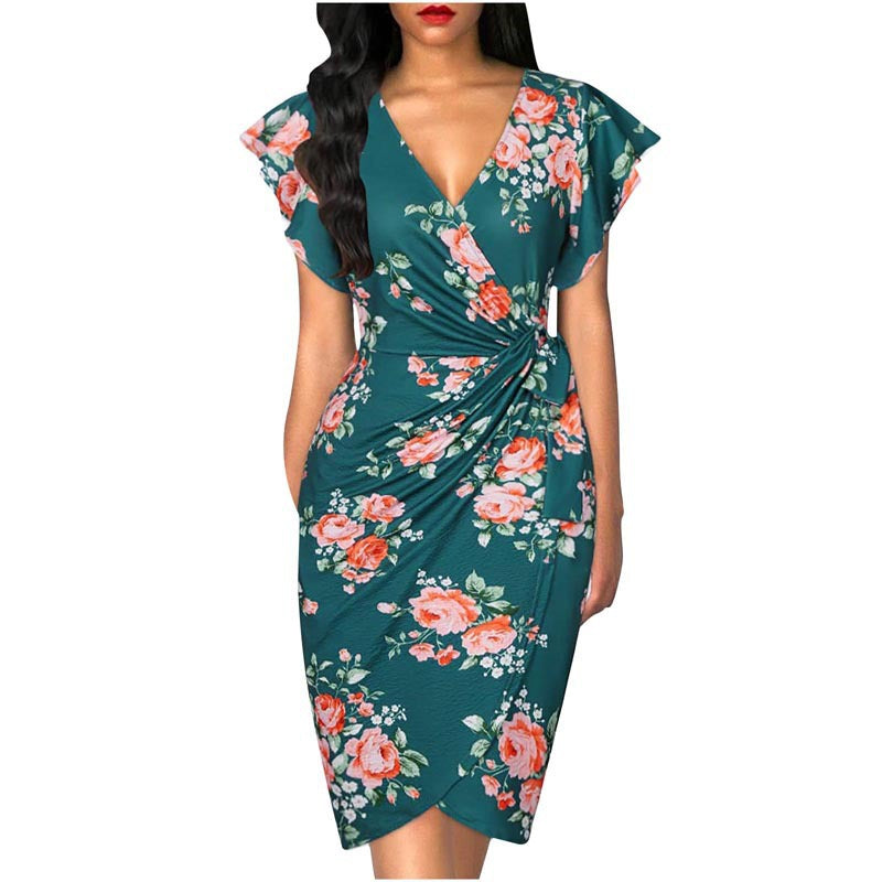 Women's Waist Pleating Printed Solid Color Dress Dresses
