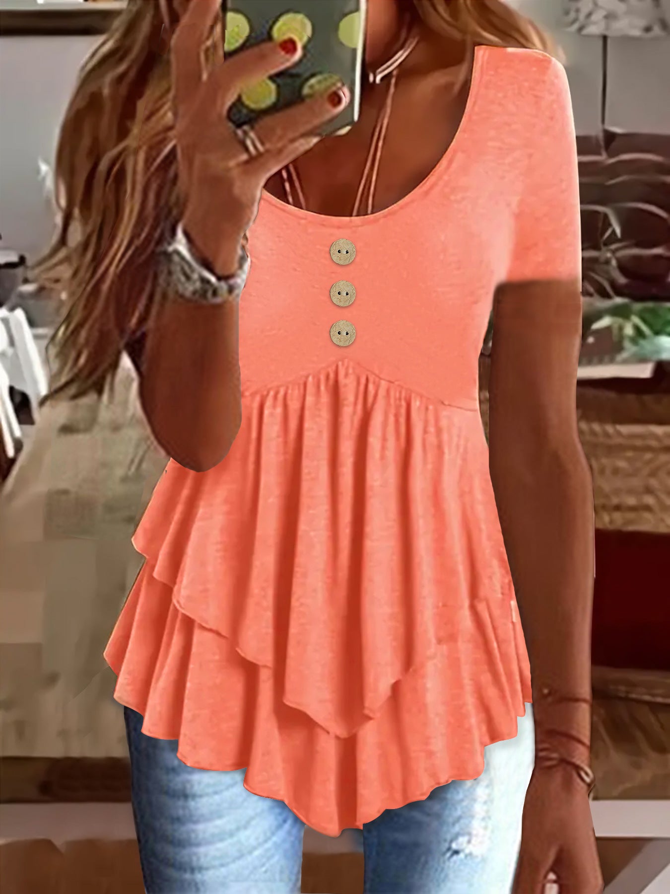 Women's Fashion Button Casual Solid Color Sleeve Blouses