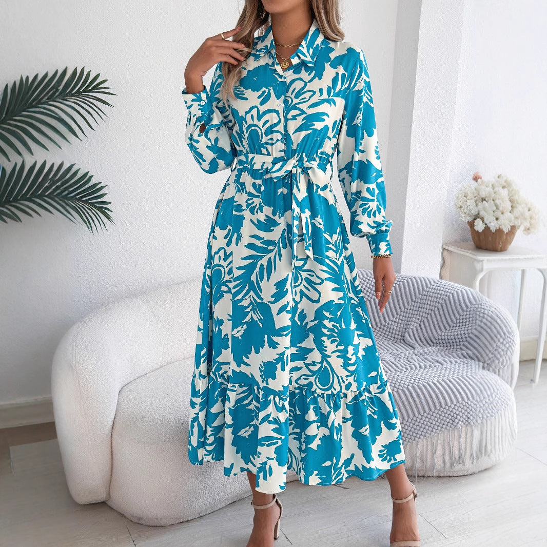 Women's Casual Flower Long Sleeve Shirt Ruffled Dress