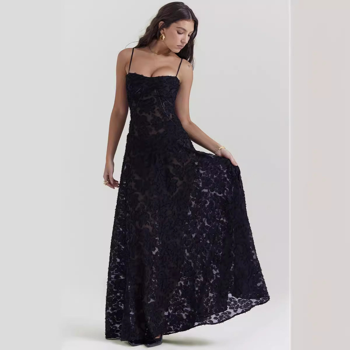 Women's Sling Backless Dress Chiffon Embroidered Square Evening Dresses