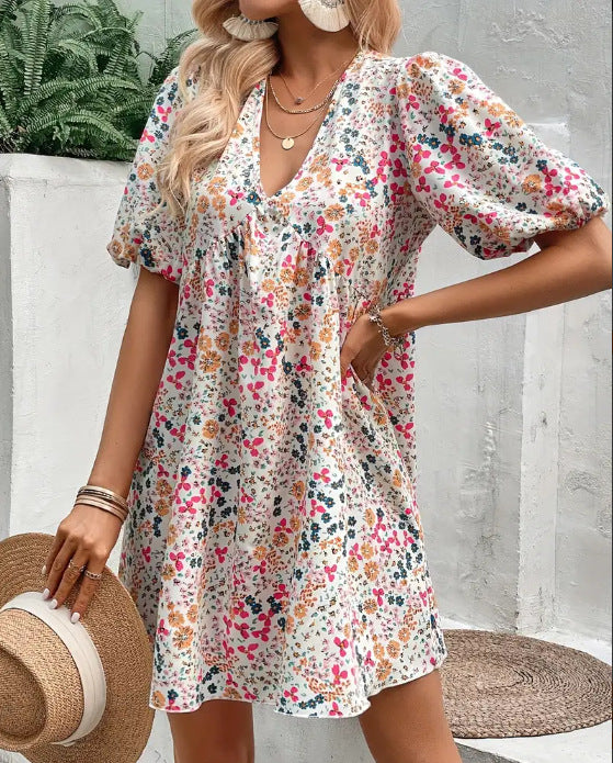 Women's Summer Sweet Floral Printed Puff Sleeve Pleated Casual Dress