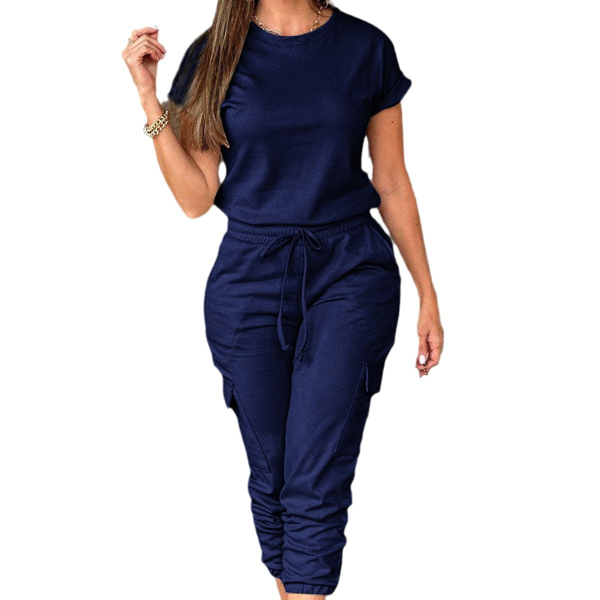 Women's New Leisure Cargo Short-sleeved Overalls Jumpsuits