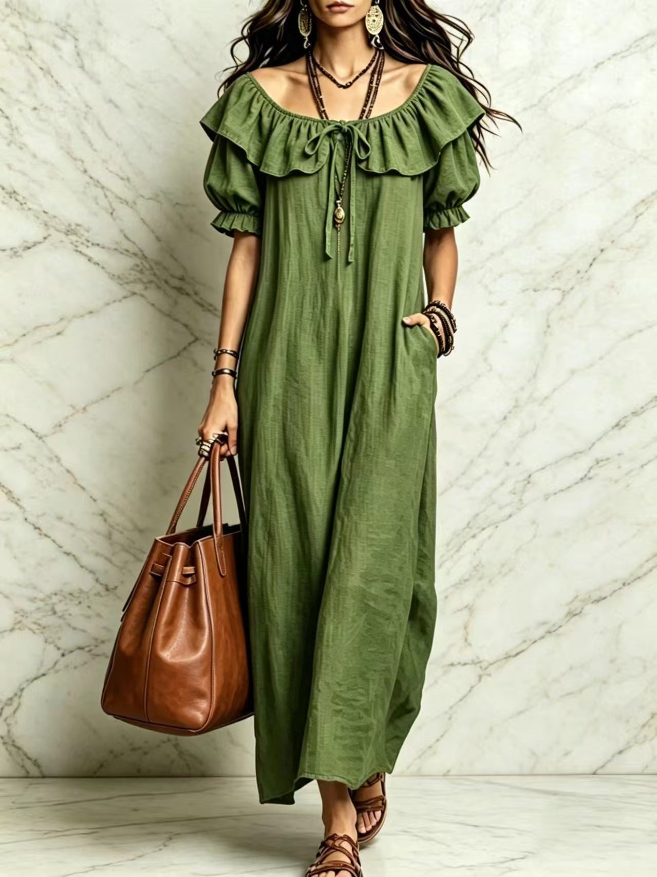 Loose Round Neck Ruffled Leisure Temperament Seaside Dress