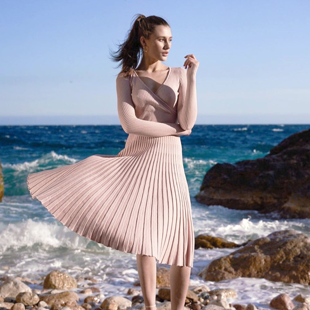 Women's Elegant Long-sleeved Wrapped Chest Mid-length Knitted Pleated Dresses