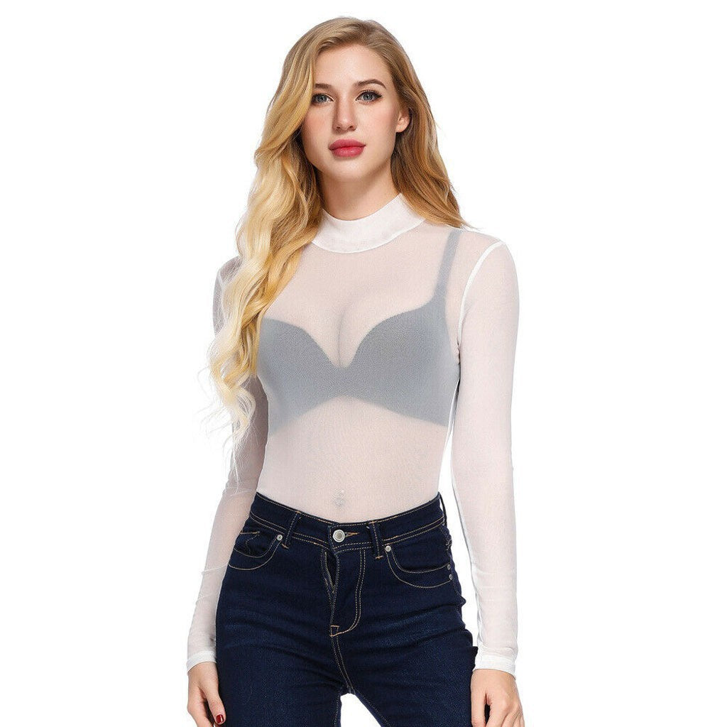 Women's Tight Sexy Mesh Bottoming Shirt Transparent Long Sleeve Blouses