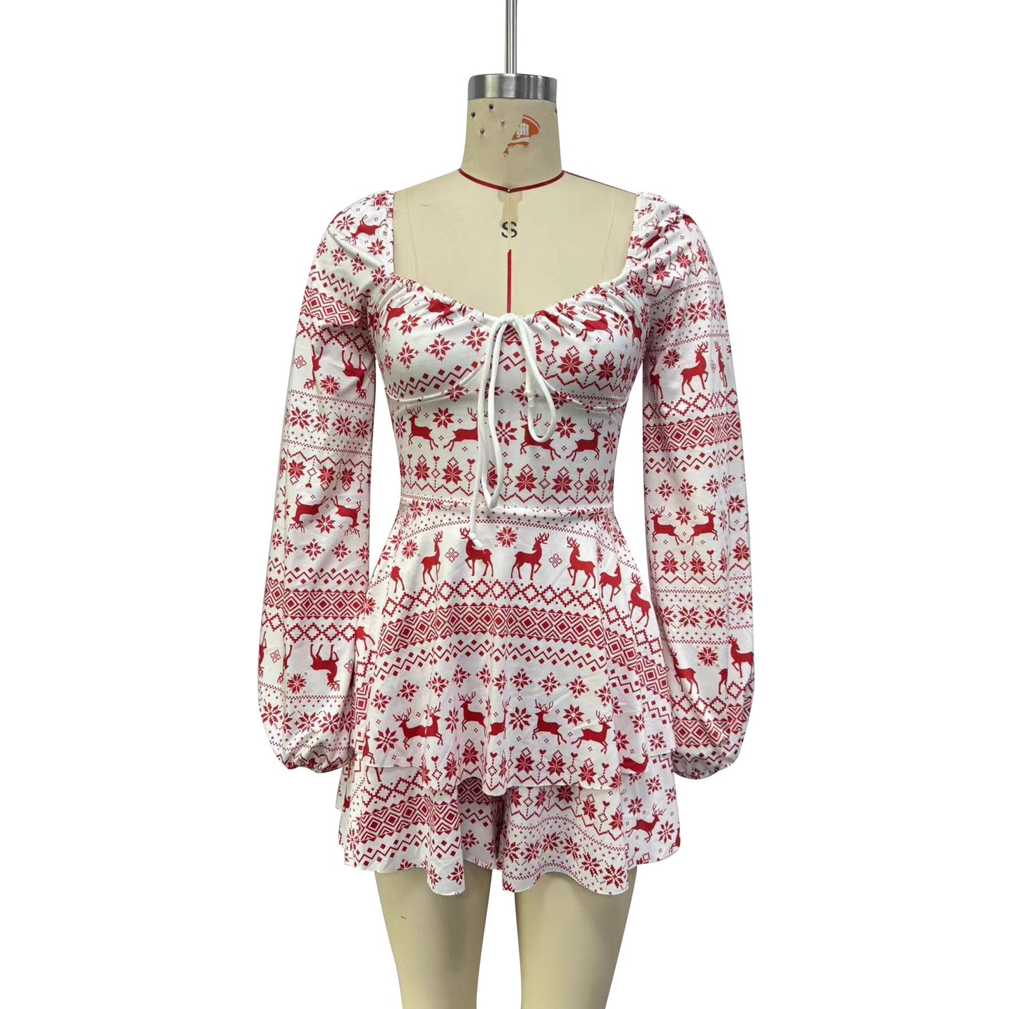 Women's Christmas Printed Drawstring Backless Long Sleeves Dress