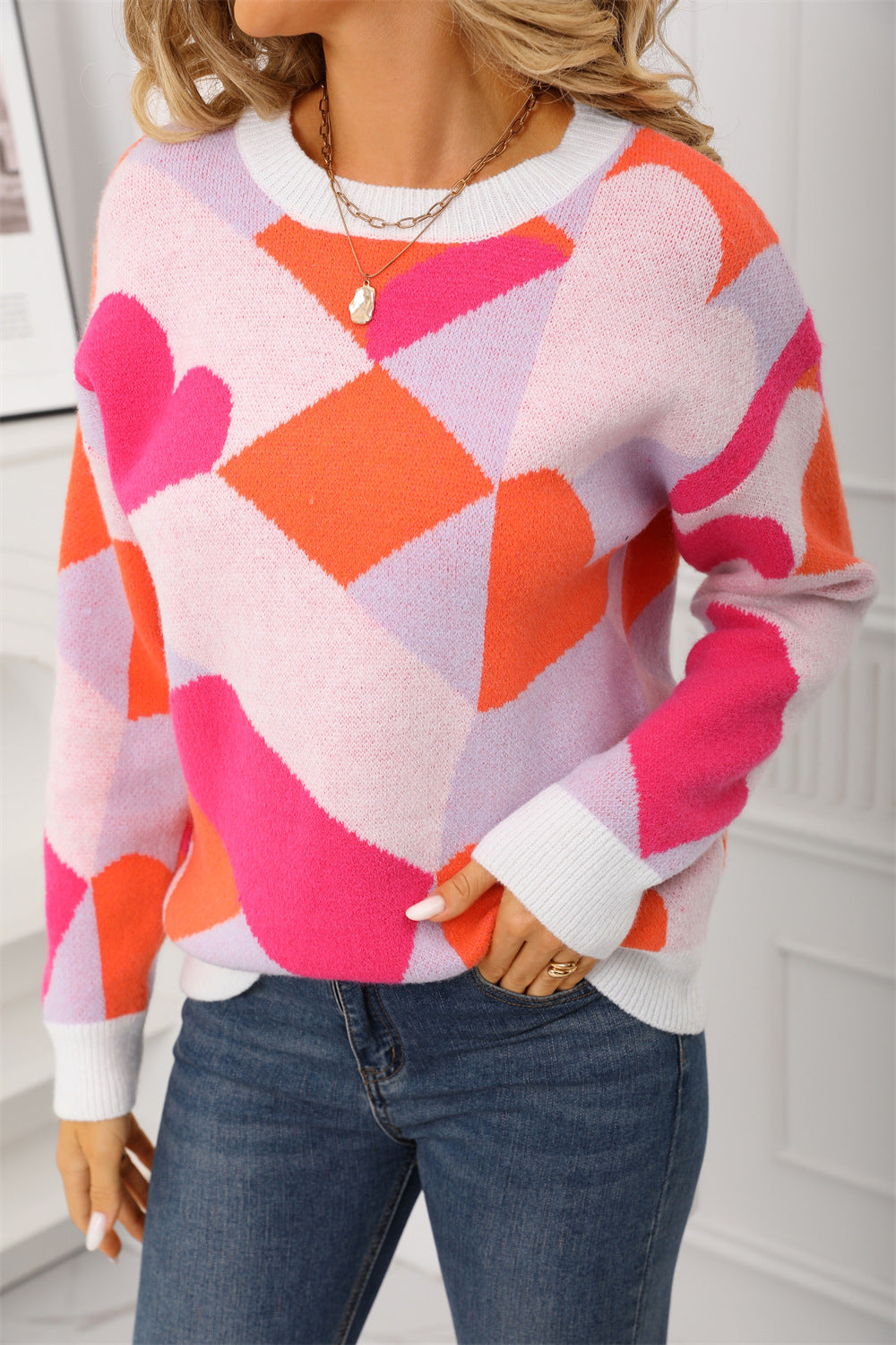 Round Neck Knitted Chessboard Plaid Love Sweater